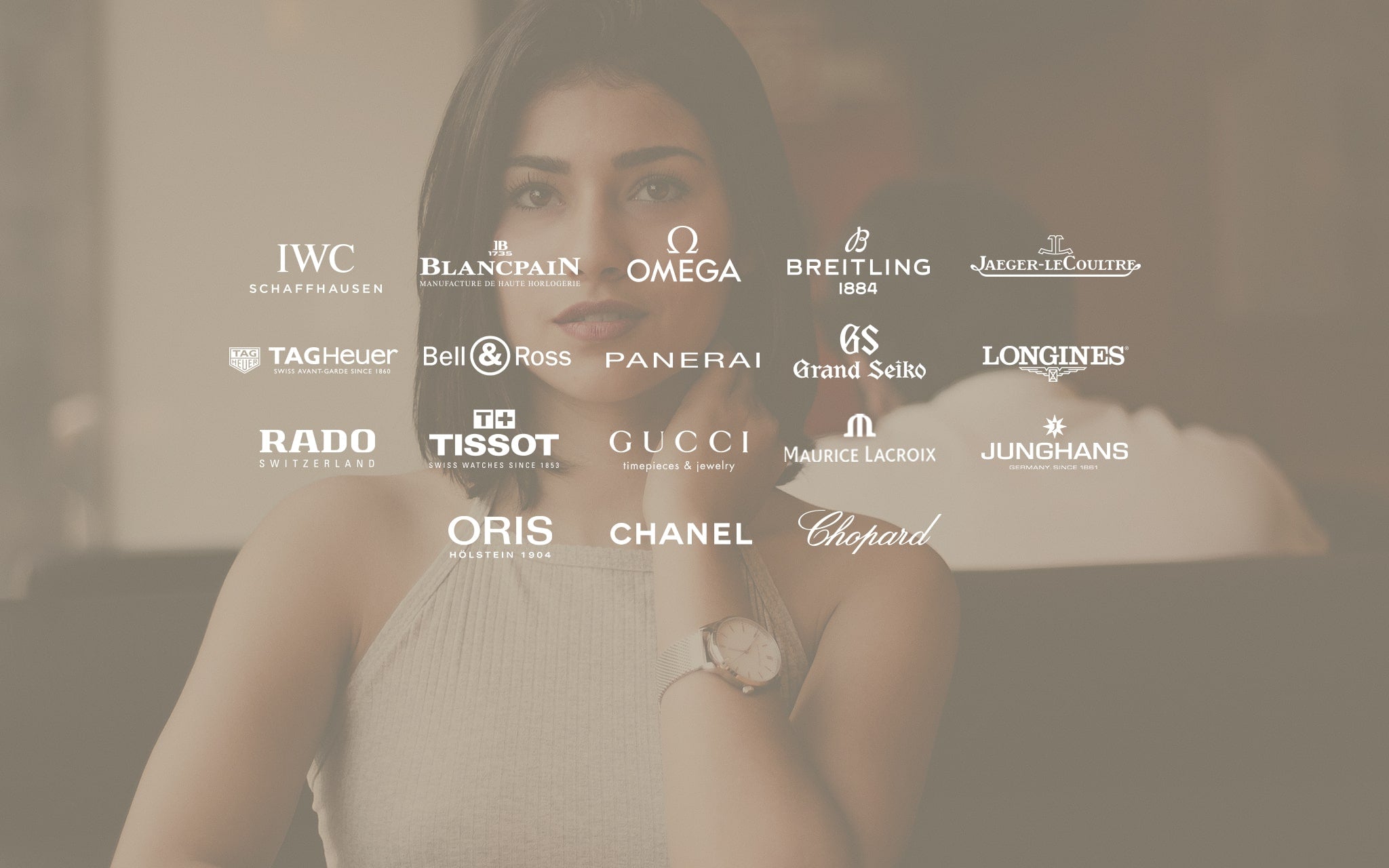 Woman wearing a watch with luxury brand logos overlaid